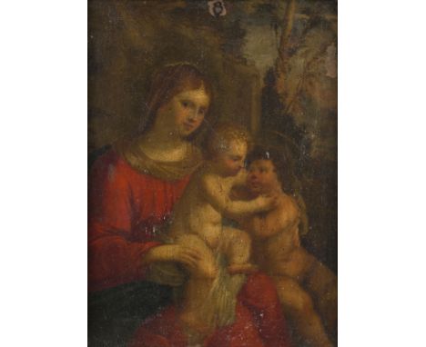 FLÄMISCHE SCHULE DES 17. JH.MADONNA MIT KIND UND JOHANNES DEM TÄUFER Öl auf Kupferplatte. 23 x 17,5 cm (R. 28,5 x 23 cm). Par