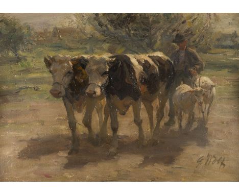 GEORG WOLF1882 Niederhausbergen - 1962 UelzenHIRTE MIT KUHEN UND SCHAFEN Öl auf Leinwand. 47 x 65 cm (R. 58 x 76 cm). Signier