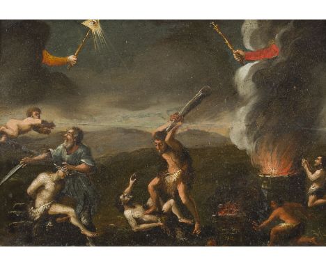 JAC. KANIG (?)Aktiv, um 1800/1820KAIN ERSCHLÄGT ABEL Öl auf Holztafel. 21,5 x 30,5 cm (R. 26 x 36 cm). Rechts unten signiert 