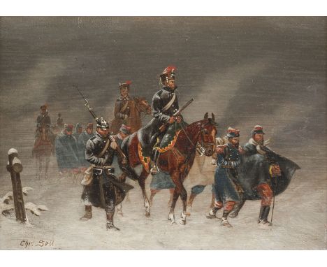 CHRISTIAN SELL1856 - 1925PREUßISCHE ULANEN UND INFANTERIE Öl auf Holz. 14 x 18 cm (R. 37 x 43 cm). Bezeichnet unten links 'Ch