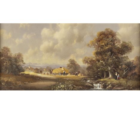 HUBERT KAPLAN1832HEUERNTE IN OBERBAYERN Öl au Holz. 15 x 30 cm (R. 25 x 40 cm). Signiert unten links mit Pseudonym 'Franz Mar