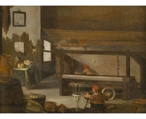 FLÄMISCHE SCHULE DES 17. JH.INTERIEUR MIT KORBFLECHTEREI UND WEBEREI Öl auf Eichenholzplatte. 23 x 31,5 cm (R. 32,5 x 40 cm).