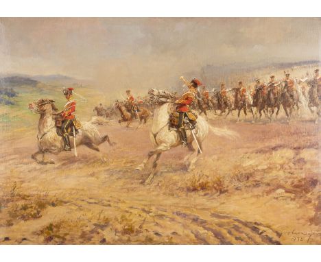 FRITZ GROTEMEYER1864 Münster - 1947 WittenANGRIFF DES PREUßISCHEN LEIB-GARDE-HUSAREN-REGIMENTS. 1932 Öl auf Leinwand. 76 x 11
