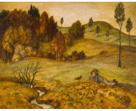 MATTHÄUS SCHIESTL1869 Gingl / Salzburg - 1939 MünchenFRÜHLINGSLANDSCHAFT MIT KNABE UND VOGEL AN EINEM BACH. 1919 Öl auf Holz.