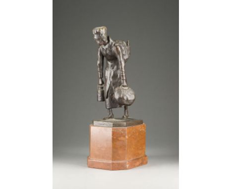 JOSEF DRAHONOVSKY1877 Turnov - 1938 Prag'WIENER HAMSTERIN' Bronze, dunkel patiniert, auf oktogonalen Marmorsockel (H. 14 cm).