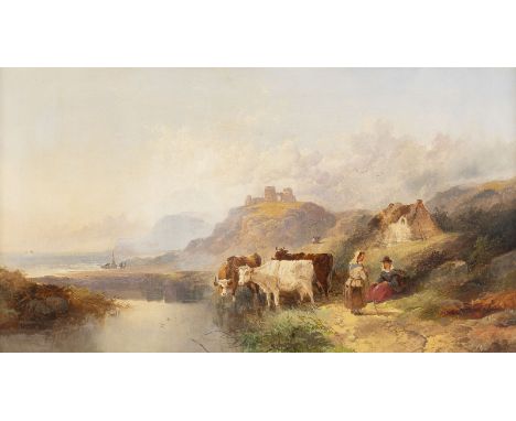 UNBEKANNTER KÜNSTLERtätig wohl in England im 2. H. 19. JhHIRTEN MIT KÜHEN VOR EINER SEELANDSCHAFT UND EINEM SCHLOSS Öl auf Le