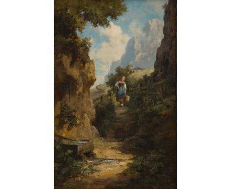 WILLY MORALT1884 München - 1947 LenggriesMÄDCHEN AUF DEM WEG ZUM BRUNNEN Öl auf Holz. 39,5 x 26 cm (R. 61 x 48 cm). Signiert 