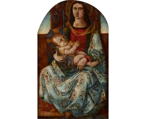 LOMBARDISCHE SCHULEMeister, tätig frühes 16. Jh.MADONNA MIT KIND Öltempera auf Holztafel. 38 x 23 cm (R. 50 x 35 cm). Part. b