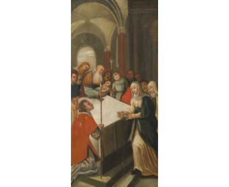 SÜDDEUTSCHE SCHULE DES FRÜHEN 17. JH.BESCHNEIDUNG UND DARBRINGUNG CHRISTI IM TEMPEL Öl auf Nadelholztafel. 56 x 29 cm (R. 65 