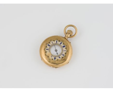 DAMEN-TASCHENUHR Wohl Schweiz, 20. Jh. Gelbgold. D. 3,2 cm, Ges.-Gew. ca. 37,7 g. Zwei-Deckel 18 K, Staubdeckel Metall. Weiße