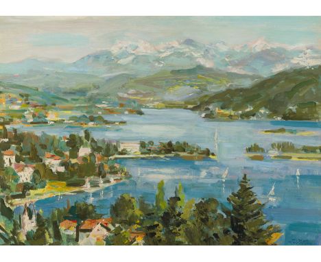 WILHELM KAUFMANN1895 Wien - 1975 ebendaSOMMER AM BERGSEE Öl auf Platte. 50 x 70 cm (R. 62 x 82 cm). Signiert unten rechts. Ra