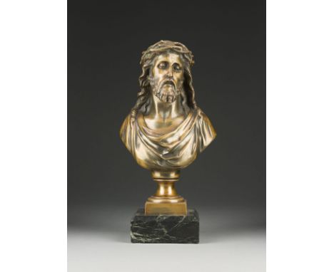 JEAN BULIO1827 Fabrègues - 1911 MontpellierBÜSTE ECCE HOMO Bronze, braun patiniert, auf einem Marmorsockel (H. 4 cm). Ges.-H.