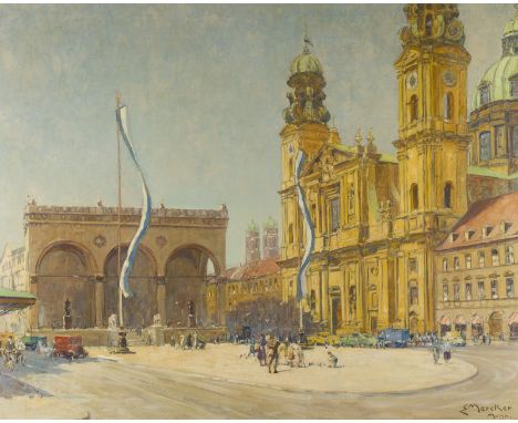 ERICH MERCKER1891 Zabern - 1973 MünchenFELDHERRNHALLE UND THEATINERKIRCHE IN MÜNCHEN Öl auf Leinwand. 81 x 100 cm (R. 96 x 11