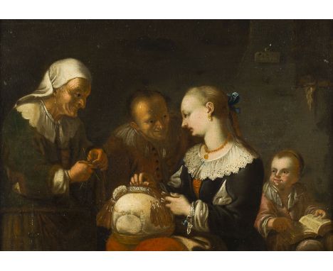 STEPHAN KESSLER (WOHL UMKREIS)16. Januar 1622 Donauwörth - 31. August 1700 BrixenDIE WAHRSAGERIN Öl auf Hartholztafel. 20 x 2