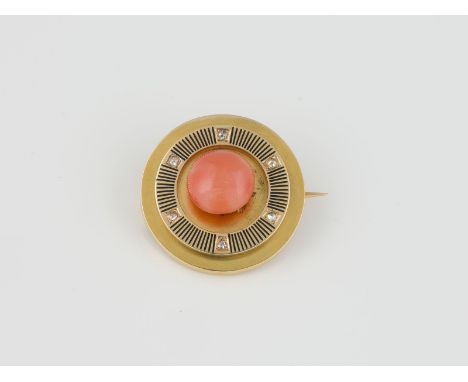 BROSCHE Gelbgold. D. 2,8 cm, Ges.-Gew. ca. 7,5 g. Geprüft 18 K, Nadel mit französischer Marke 'Adlerkopf'. Eine boutonförmige