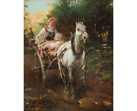 JAN KONARSKIPolnischer Maler, 1850 - 1918FRÖHLICHE HEIMKEHR Öl auf Holz. 12 x 10,3 cm (R. 29,5 x 28,5 cm). Signiert unten rec