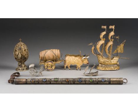 SECHS-TEILIGES KONVOLUT (SILBER-)OBJEKTE U.a. Mexiko/China/Portugal, Oporto, 19./20. Jh. Silber, teils vergoldet, Bronze, Hol