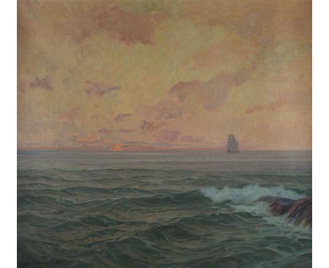 PAUL WALLAT1870 Rostock - 1966 SønderborgSEESTÜCK MIT SCHIFF IN DER ABENDSONNE Öl auf Leinwand. 91 x 100 cm (R. 110 x 121 cm)