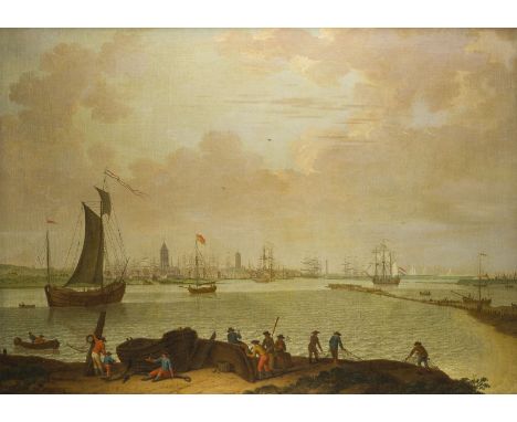 NIEDERLÄNDISCHE SCHULE DES 18. JH.EINLAUFENDE SCHIFFE IM HAFEN VOR WEITER STADTSILHOUETTE Öl auf Leinwand (doubl.). 95 x 129 