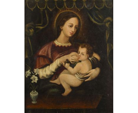 WOHL SPANISCHE SCHULE DES 16. JH.MARIA LACTANS Öl auf Eichenholtafel. 58 x 47 cm (R. 70 x 59 cm). Min. rest., Altretuschen, m