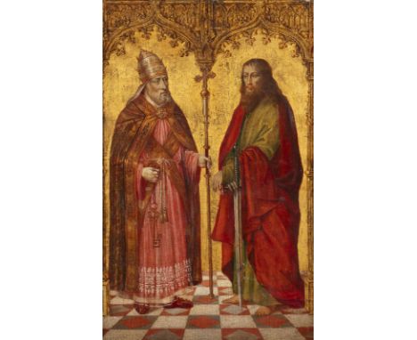 BRETONISCHE SCHULE DES WOHL 15.JH.DIE APOSTEL PETRUS UND PAULUS ÖL auf Eichenholztafel (parkettiert). 42 x 28 cm (R. 48,5 x 3