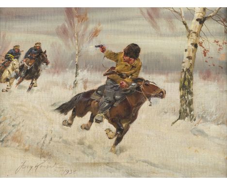 JERZY KOSSAK1890 Krakau - 1963 ebendaDIE VERFOLGUNG. 1933 Öl auf Malkarton. 29,5 x 40 cm (R. 39 x 49 cm). Signiert und datier