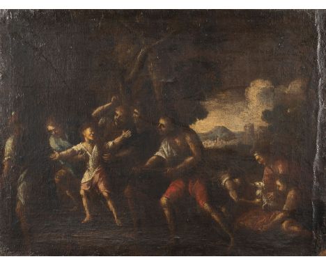 VENEZIANISCHE SCHULE DES 16./17. JH.KAIN UND ABEL (?) Öl auf Leinwand (altdoubl.). 62 x 80,5 cm (R. 63 x 81,5 cm). Part. Rand