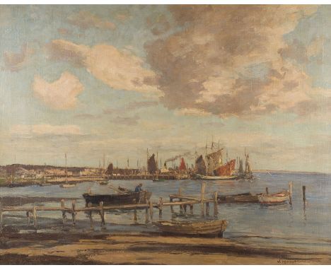 WILHELM HAMBÜCHEN1869 Düsseldorf - 1939 ebendaHAFENANSICHT MIT FISCHERBOOTEN Öl auf Leinwand. 71 x 91 cm (R. 89 x 107 cm). Si