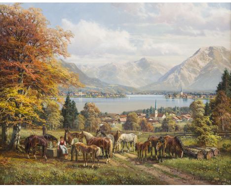 HUBERT KAPLAN('FRANZ MARK')1940 MünchenBLICK ÜBER DEN CHIEMSEE Öl auf Holz. 24 x 30 cm (R. 37 x 43 cm). Signiert unten rechts
