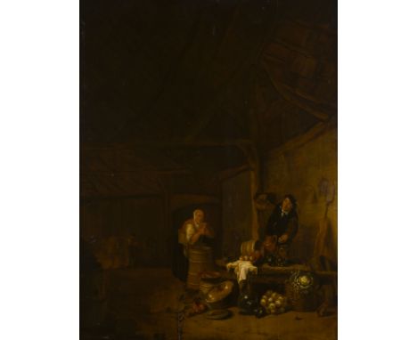 EGBERT VAN DER POEL (ZUGESCHRIEBEN)1621 Delft - 1664 RotterdamBAUERNPAAR IM VORRATSLAGER Öl auf Eichenholztafel. 67 x 52 cm (