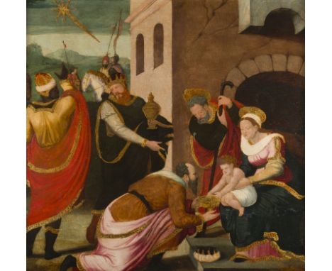 SPANISCHE SCHULE DES FRÜHEN 16. JH.DARBRINGUNG DER HEILIGEN DREI KÖNIGE Tempera auf Kreidegrund auf Hartholztafel, Nimpen pun