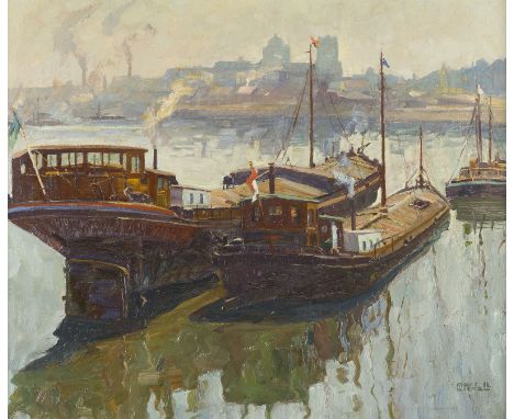 ERICH FREIHERR VON PERFALL1882 Düsseldorf - 1961 ebendaKÄHNE IM HAFEN Öl auf Leinwand. 51 x 61 cm (R. 67 x 77 cm). Signiert u