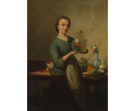 PAUL EMIL JACOBS (ATTR.)1802 Gotha - 1866 ebendaMÄDCHEN MIT DEM GOLDFISCHGLAS Öl auf Holz. 54 x 40 cm (R. 60 x 47 cm). Part. 