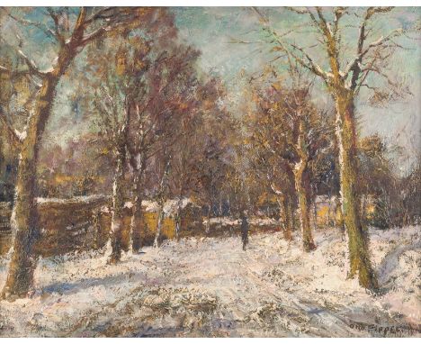 OTTO PIPPEL1878 Lodz - 1960 MünchenWINTERSTRASSE IN PLANEGG Öl auf Leinwand. 49 x 60,5 cm (R. 61 x 73,5 cm). Signiert unten r