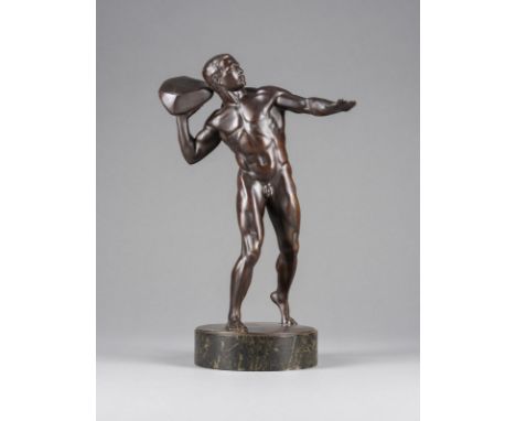 HUGO SIEGWART1865 Malters - 1938 LuzernSTEINSTOSSER Bronze, braun patiniert, auf runder Plinthe und Marmorsockel (H. 4 cm). G