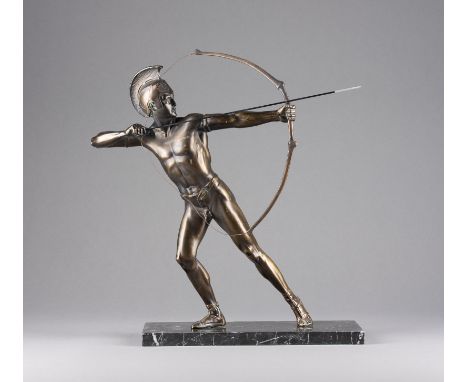 OTTO SCHMIDT-HOFER1873 Berlin - 1925 ebendaBOGENSCHÜTZE Bronze, dunkel patiniert, auf rechteckigem Marmorsockel (H. 2 cm). Ge