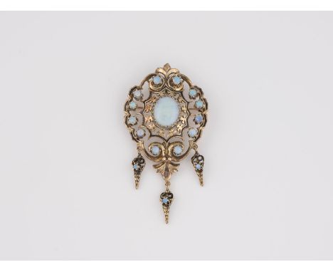 ANHÄNGER / BROSCHE Gelbgold. L. 5,1 cm, Ges.-Gew. ca. 12,5 g. Geprüft 14 K. Partiell schwarz emailliert, Opal-Cabochons unter