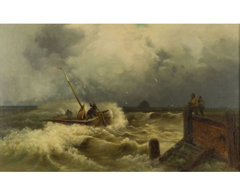 DÜSSELDORFER SCHULE2. Hälfte 19. Jh.ANKUNFT DER FISCHERBOOTE Öl auf  Leinwand, doubliert. 83 x 127 cm (R. 93 x 140 cm). Gerka