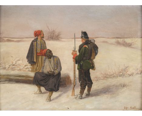 CHRISTIAN SELL1854 Düsseldorf - 1925 GothaPREUßISCHER SOLDAT BEWACHT FRANZÖSISCHE KOLONIALSOLDATEN Öl auf Holz. 19,5 x 26 cm 