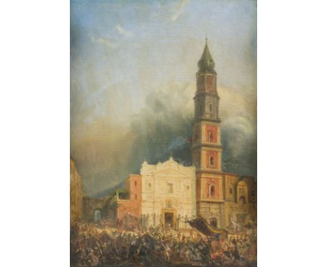 GIUSEPPE VISONEc. 1800 - c. 1870PIAZZA DEL MERCATO IN NEAPEL WÄHREND AUFSTAND VON MASANIELLO Öl auf Leinwand, doubliert. 28 x
