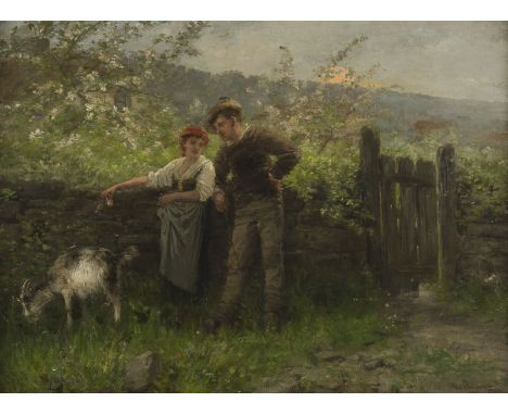 KARL HEYDEN1845 Köln - 1933 DüsseldorfPAAR AM GARTENTOR Öl auf Leinwand. 59 x 79 (R. 83 x 104 cm). Signiert. Verso: Etikett '
