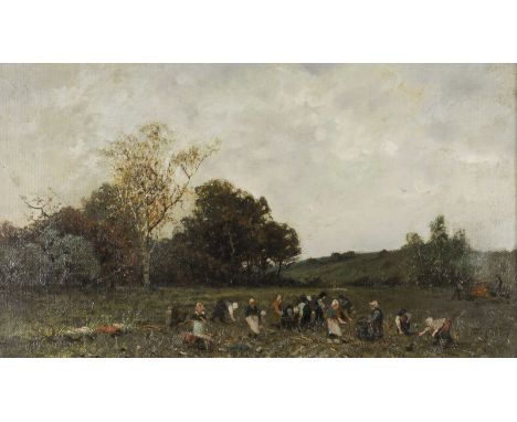 OTTO FEDDER1873 Schwerin - 1919 WildschaigeKARTOFFELERNTE. 1913 Öl auf Leinwand. 47 x 81 cm (R. 77 x 112 cm). Signiert und da