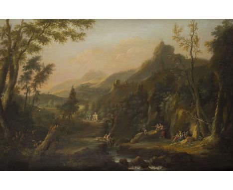 JOHANN ALEXANDER THIELE26. März 1685 Erfurt - 22. Mai 1752 DresdenZERKLÜFTETE FLUSSLANDSCHAFT MIT REISENDEN BEI DER MITTAGSRU