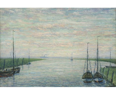 WALTER BERTELSMANN1877 Bremen - 1963 WorpswedeBEI DER OTTERNDORFER SCHLEUSE Öl auf Karton, auf Hartfaserplatte. 39 x 57 cm (R