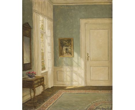 WILLIAM HENRIKSEN1880 Dänemark - 1964INTERIEUR IN LINDGRÜN Öl auf Leinwand. 29 x 24,5 cm (R. 45 x 39 cm). Signiert unten rech