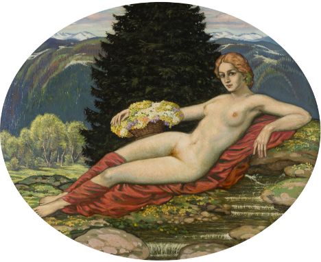 WALTER EINBECK1890 Magdeburg - 1968 MünchenLIEGENDER WEIBLICHER AKT IN LANDSCHAFT Öl auf Holz. 80 x 100 cm (R. 99 x 120 cm). 
