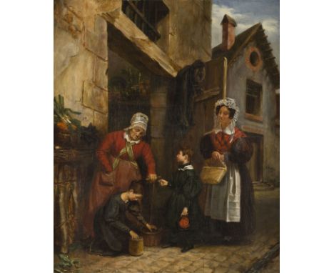 LOUISE DE CREUTZERtätig um 1884DIE SZENE VOR DEM LADEN DES GEMÜSEVERKÄUFERS. 1884 Öl auf Leinwand. 54 x 46 cm (R. 68 x 59 cm)