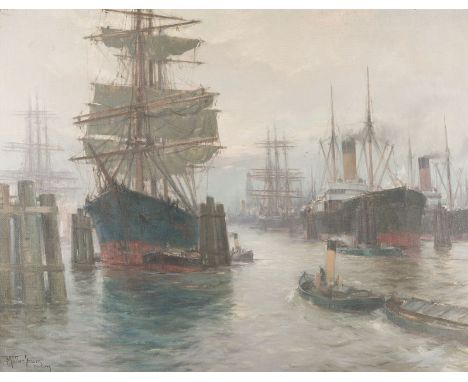 FRANZ MÜLLER-GOSSEN1871 Mönchengladbach - 1946 LausanneSEGELSCHIFFE IM HAFEN, HAMBURG Öl auf Leinwand. 70 x 91 cm (R. 89 x 10