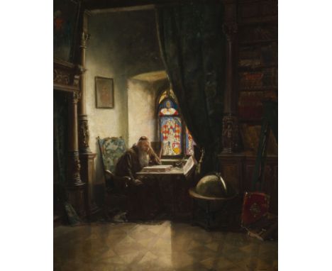 DEUTSCH2. H. 19. Jh.INTERIEUR MIT EINEM AM FENSTER LESENDEN MONCH Öl auf Leinwand. 64 x 54 cm (R. 92 x 83 cm). Unten rechts u