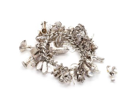A silver charm bracelet, a curb link bracelet, with a heart shaped padlock clasp and safety chain, approximately 160mm long, 